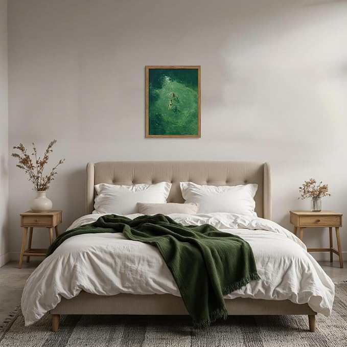Framed Green Abstract Wall Art, Vintage Summer Swimming Canvas Wall Decor Painting, Minimalist Dark Green Water Landscape Poster Print Picture for Bathroom Bedroom Living Room 16x24 Inch