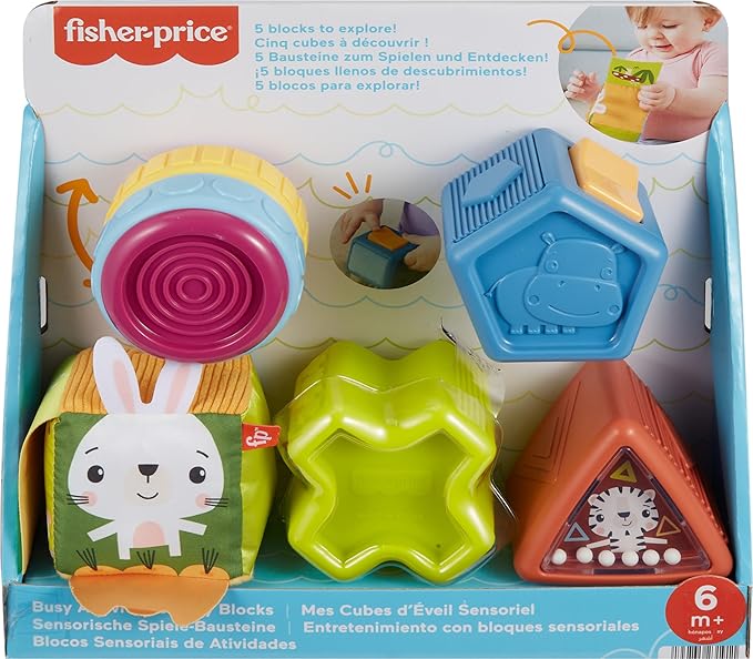Fisher-Price Baby Toy Busy Activity Sensory Blocks with Fine Motor Activities for Infants and Toddlers Ages 6+ Months