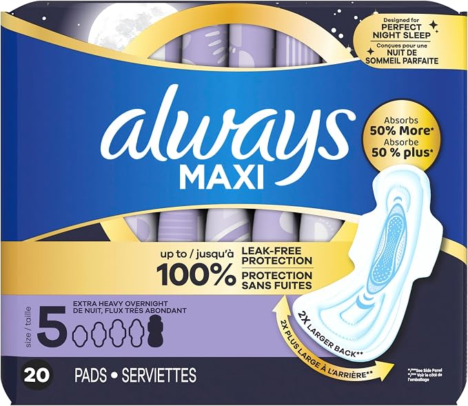 Always Maxi Feminine Pads For Women, Size 5 Extra Heavy Overnight Absorbency, With Wings, Unscented, Pack Of 20
