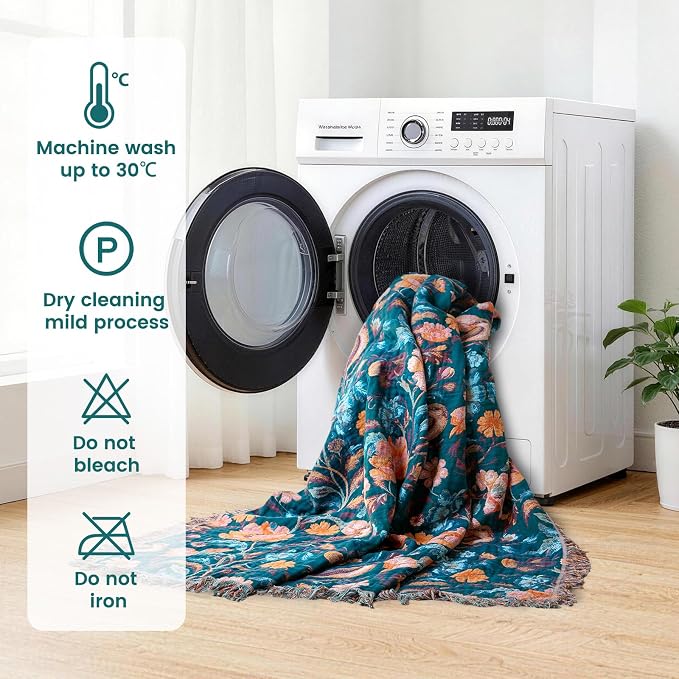 MSGKV Boho Throw Blanket 50"x60" Cotton Birds Floral Blanket for Couch | Muslin Throw, Birds Floral Pattern, Reversible Woven, Lightweight Comfort, Farmhouse Decor, All Seasons, Machine Washable