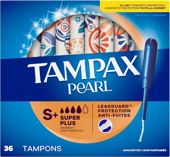 Tampax Pearl Tampons, with LeakGuard Braid, Super Plus Absorbency, Up to 100% Leak and Odor Free Protection, Unscented, 36 Count