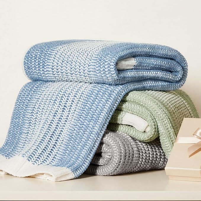 Amélie Home Premium Chenille Throw Blanket, Soft Cozy Luxury Two-Tone Knit Blanket for Couch, Sofa, Chair, Home Decor, Blue & Ivory 50"x60"