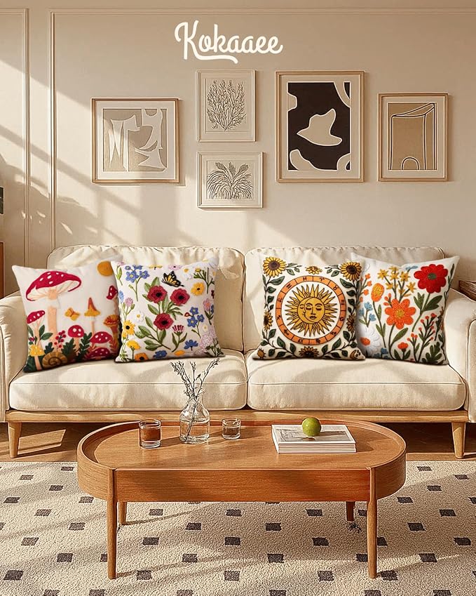 Embroidered Throw Pillow Covers 18x18 Inch, 2Pack, Flower Bee | Decorative Pillow Covers Set of 2, Farmhouse Cushion Cases with Hidden Zipper, Floral Decor for Couch, Sofa, Living Room