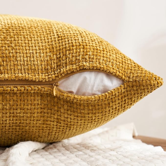 MIULEE Decorative Chenille Fall Pillow Covers Gold Brown 16x16 Pack of 4 | Rustic Home Decor, Earth Tones Set, Couch Throw Pillows, Farmhouse Boho Cushion Covers for Sofa Bed Living Room