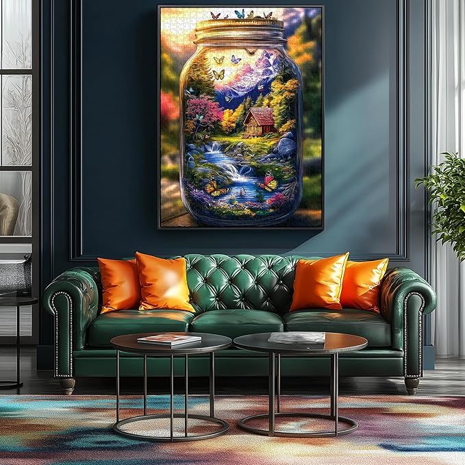 1000 Piece Puzzle for Adults Enchanted Mason Jar Landscape Jigsaw Puzzle, Miniature Nature Scene with Cabin, Waterfall & Butterflies, Challenging Puzzles Family for Seniors & Adults