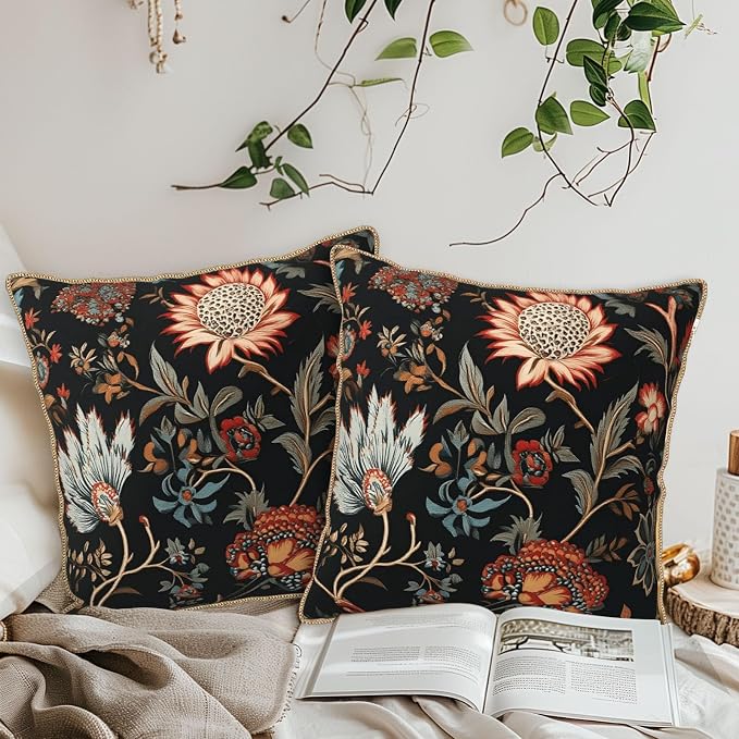 Vintage Red Orange Blue Floral Velvet Pillow Covers 20x20 Inch Retro Abstract Boho Flowers Throw Pillows For Couch Cushion Covers Pillowcase Bohemian Farmhouse Pillow Cases for Sofa Bed Bedroom
