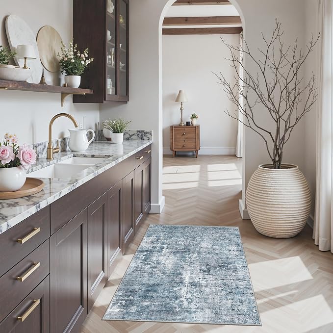 Soalmost 2x3 Abstract Washable Rugs for Entry, Kitchen Area Rug Blue/Grey | Small Non-Slip Vintage Low Pile Throw Door Mat For Bathroom Entryway Laundry, Stain Resistant Indoor Entrance Floor Carpet