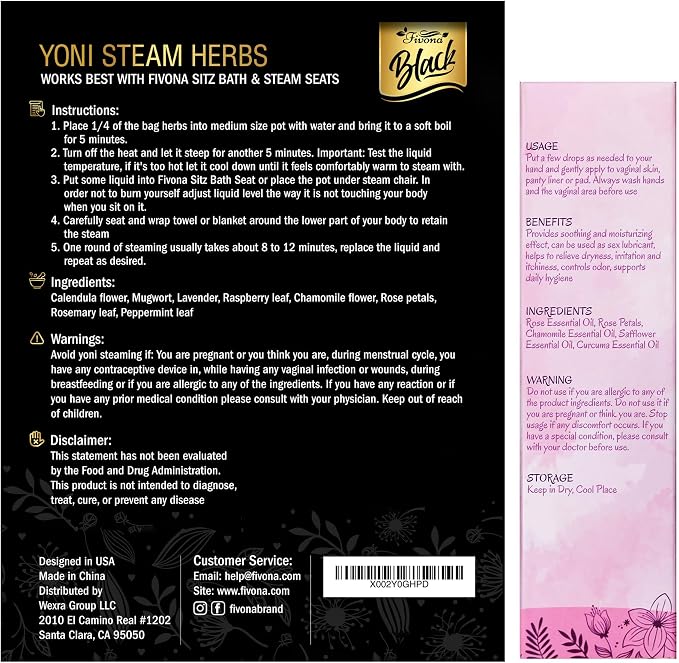 Fivona Black 4-in-1 Yoni Care Steam Kit Includes Feminine V Oil, Sitz Bath Seat, Yoni Steaming Herbs and Storage Bag - Effective Detox pH Balance Cleansing and Moisturizing