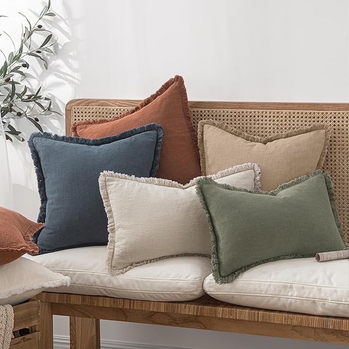 MIULEE Boho Linen Fringe Decorative Throw Pillow Covers Camel 20x20 | Set of 2, Cottagecore Decor, Boho Farmhouse Neutral Pillow Covers, Rustic Couch Cushion Cases for Sofa Bed Living Room