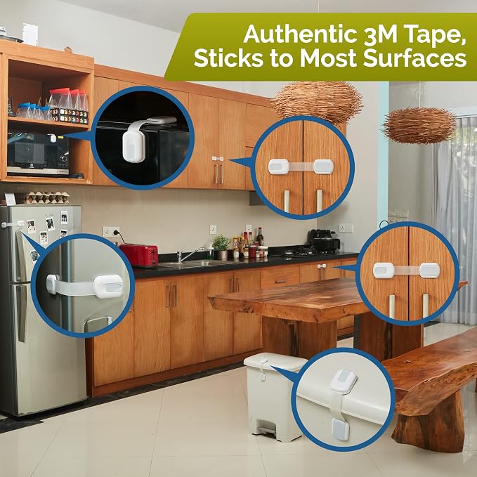 Child Safety Strap Locks (6 Pack) Baby Locks for Cabinets and Drawers, Toilet, Fridge & More. 3M Adhesive Pads. Easy Installation, No Drilling Required, White/Gray