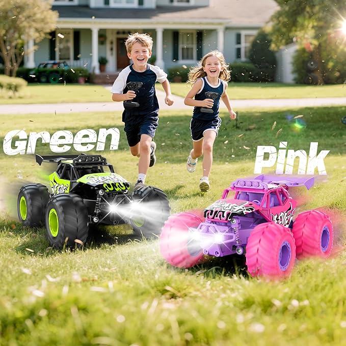 Remote Control Car, All Terrain RC Cars with Speed Switch RC Truck with LED Headlight and Rechargeable Batteries, 20KM/H Monster Truck Toys Gift for Boys 6-8 8-12, Green
