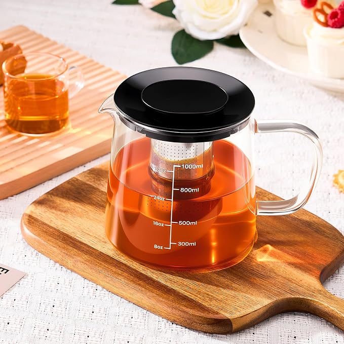 PARACITY Glass Teapot Stovetop 33OZ, Borosilicate Clear Tea Kettle with Removable 18/8 Stainless Steel Infuser, Teapot Blooming and Loose Leaf Tea Maker Tea Brewer (transparent-scale, 34oz)