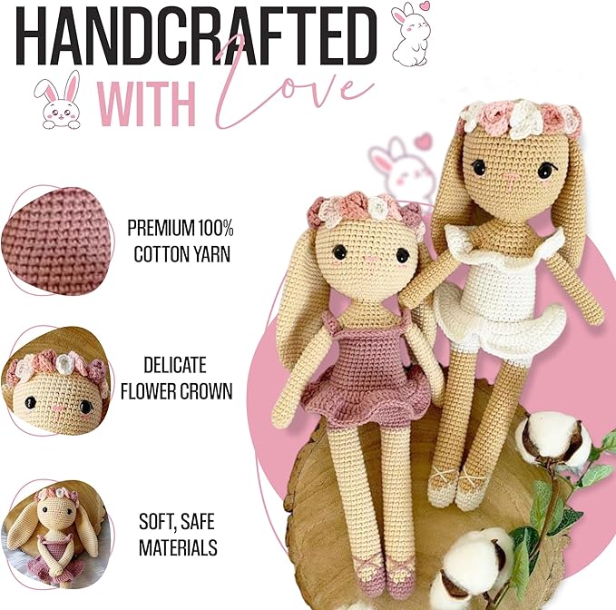 Binnies 11" Ballerina Doll - Stuffed Soft Bunny for Kids โ Handmade Crochet Rabbit Toy โ Long-Lasting Toddler Comfort Toy โ Thoughtful Gift for Girls & Bunny Lovers