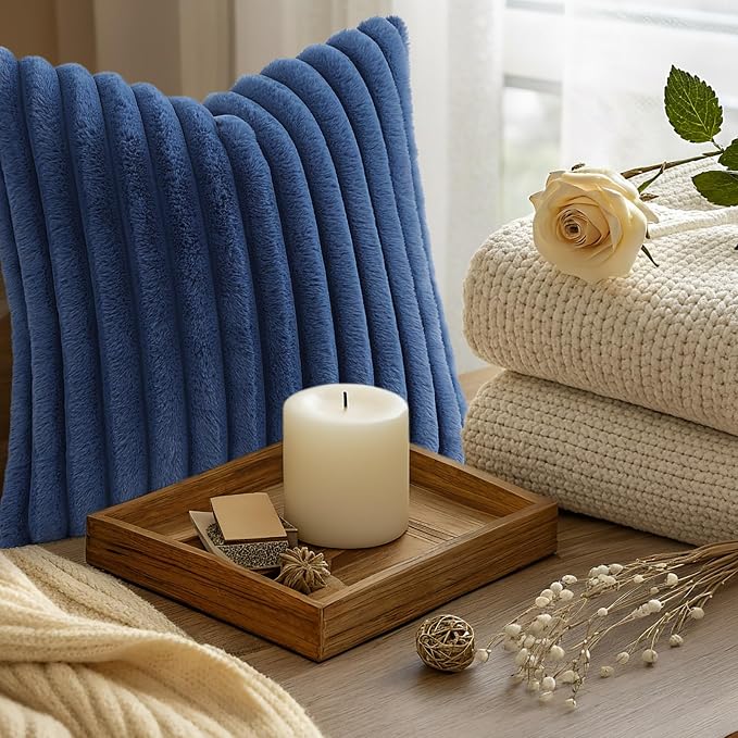 decorUhome Fall Faux Fur Throw Pillow Covers 22x22 Set of 2 Navy Blue | Decorative Soft Cozy Striped Plush Modern Farmhouse Boho Couch Pillow Cases Velvet Back for Sofa Bed Living Room Home Decor