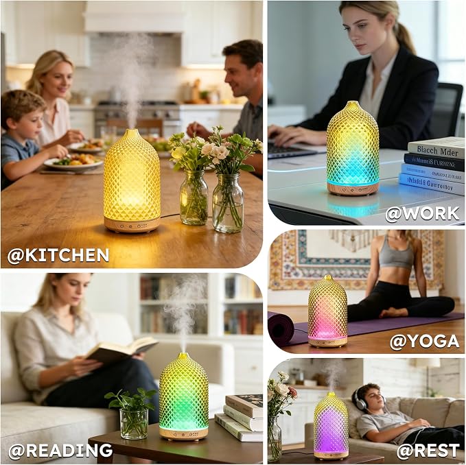 Essential Oil Diffuser, 3D Diamond Glass Aromatherapy Diffuser with Ultrasonic Cool Mist, 7 Color LED Lights, 1/2/4H Timer, Quiet Auto Shut-Off Oil Diffuser for Bedroom, Home, Office (Yellow)
