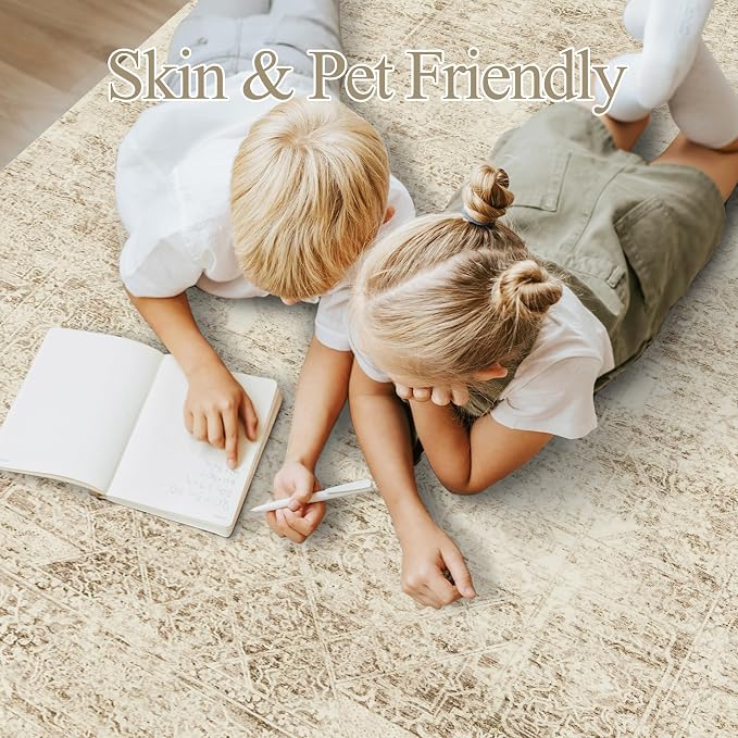 Soalmost 5x7 Area Rugs Light Brown Washable Trendy Faded Style Floral Rugs | Vintage Non-Slip Indoor Accent for Bedroom Dining, Foldable Stain Resistant Floor Carpet Mat Under Table Home Office Decor