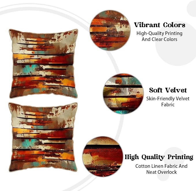 Burnt Orange Teal Rust Soft Velvet Throw Pillow Covers Set of 2 Abstract Vintage Metalic Copper Pillow Covers 18x18 Inch Retro Colorful Pillow Case For Sofa Couch Living Room Farmhouse Home Decor