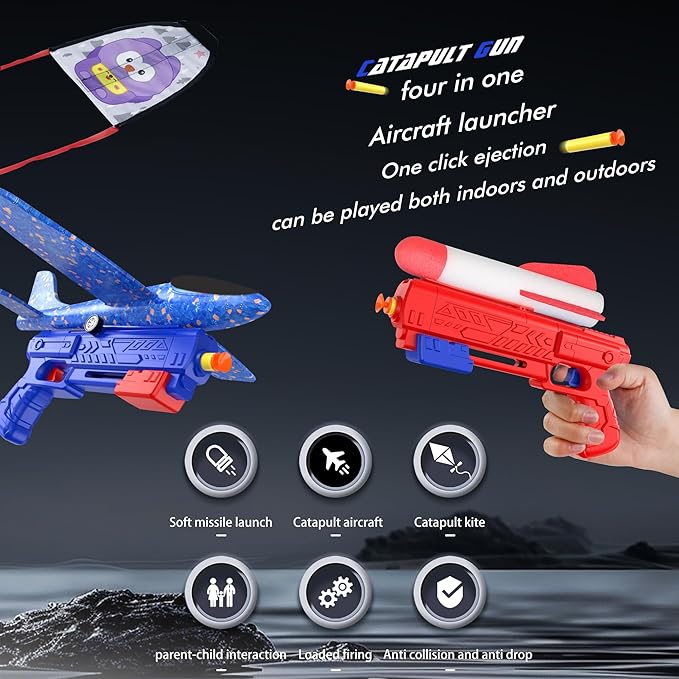 5PCS Aircraft Launcher, EVA Foam Glider Catapult Children's Aircraft Toys - Fun Outdoor Children's Flying Toys Boys and Girls Birthday Gifts, Party Supplies, Blue