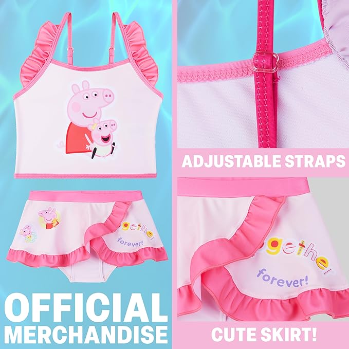 Paw Patrol | Hello Kitty | Peppa Pig Girls Swimsuit, Two Piece Bikini Top & Bottom Set, Bathing Suits with Adjustable Straps