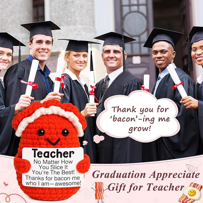 Mini Teacher Gifts Handmade Crochet Bacon for Women Teacher Appreciation Gifts Best Even Teachers for Birthday Back to School from Student End of Year Thank You Gift for Teachers Thankving Chrsitmas