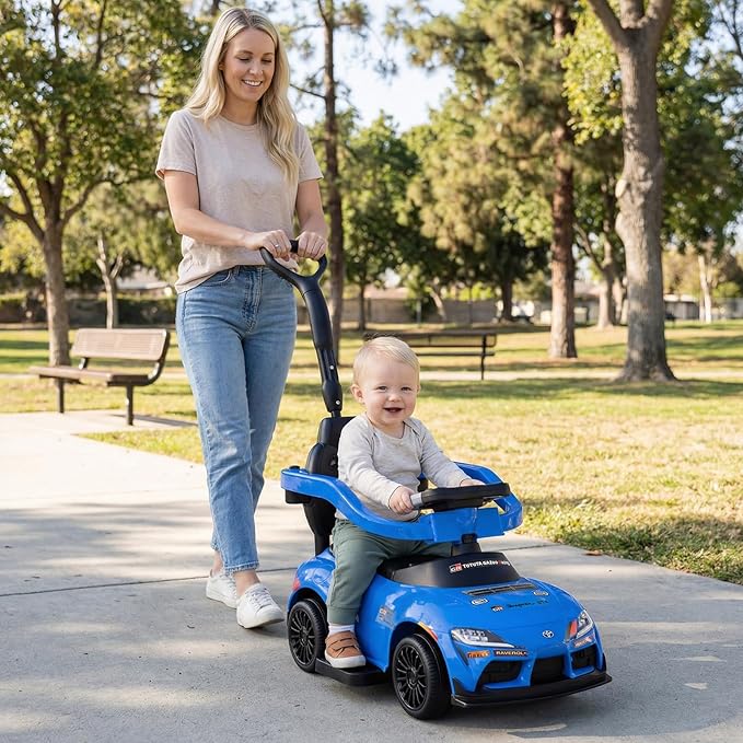 Costzon Push Car for Toddlers, 3 in 1 Toyota Licensed Stroller Sliding Walking Car w/Handle, Music, Safety Guardrail, Under-Seat Storage, Foot-to-Floor Kids Ride On Toys for Boys Girls (Blue)