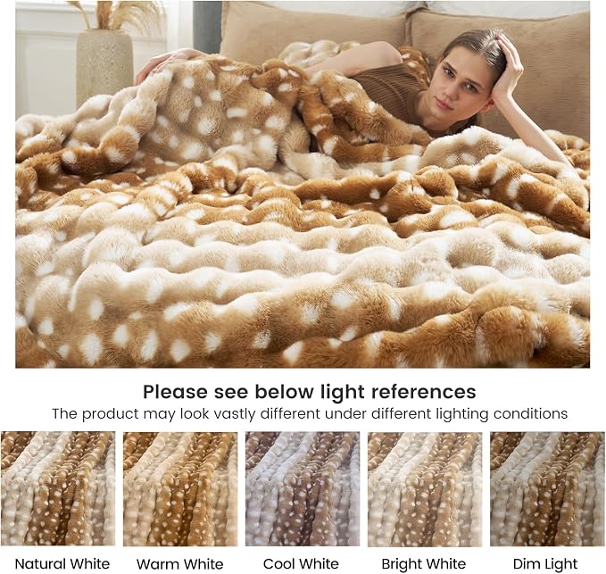 Cozy Bliss Deer Print Faux Fur Throw for Couch, Fuzzy Soft Plush Thick Bubble Blanket for Sofa Bedroom Living Room, 50x60 Inches
