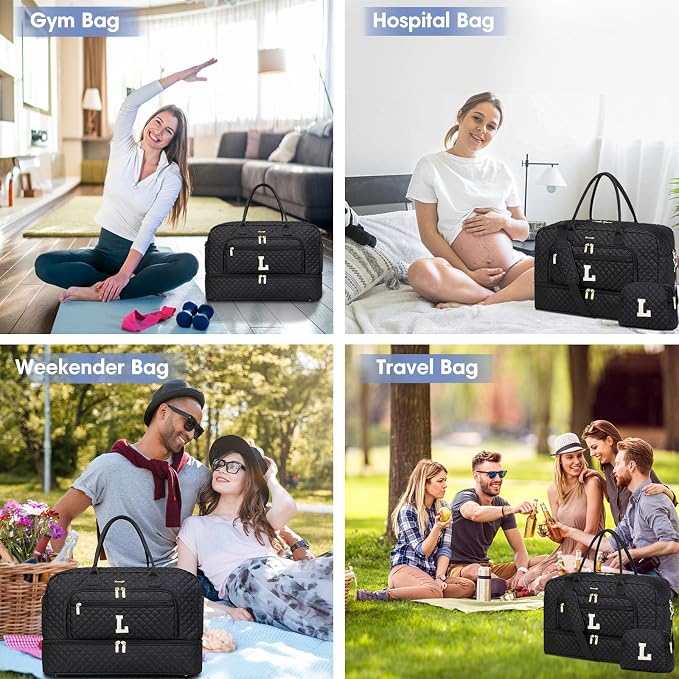 Initial Travel Duffle Bag for Women - Black Personalized Weekender bags Overnight Bag with Shoe Compartment & Wet Pocket Weekend Tote Bags with Toiletry Bag Monogram Christmas Gift (Letter L)
