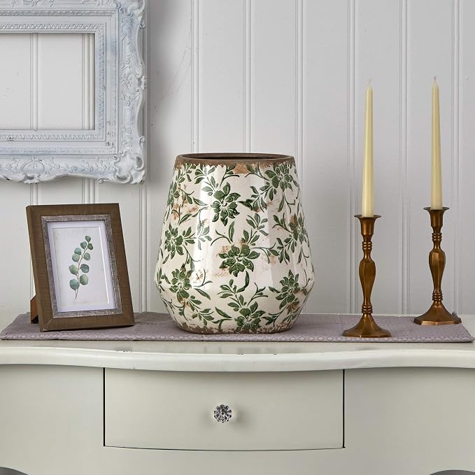10in. Tuscan Ceramic Green Scroll Planter | Artisanal Floral Pattern, Quality Ceramic, Rustic Square Silhouette, Versatile Home Decor, Indoor Use only