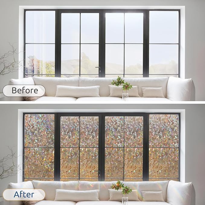 rabbitgoo Rainbow Window Privacy Film, Stained Cling, Brown, 17.5" x 118.1" | Decorative Static Sticker, Non-Adhesive Reusable Window Tint, Heat Control UV Blocking Coverings for Home Doors, Living Room