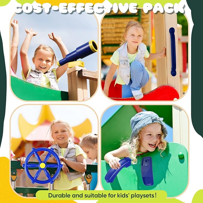 Foilswirl Swing Set Accessories Outdoor Playground Accessories Backyard Playground Equipment with Telephone, Ship Wheel, Telescope, Bell, Safety Handle Bars, Pirate Flag for Playhouse (Blue, Yellow)