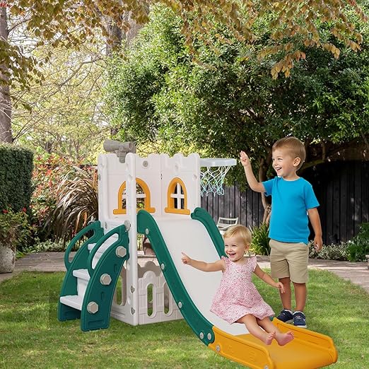 6 in 1 Toddler Slide,Kids Climber Slider for Indoor Outdoor Playground with Basketball Hoop,Storage and Telescope,L Shaped Slide for Toddler Climber Playset