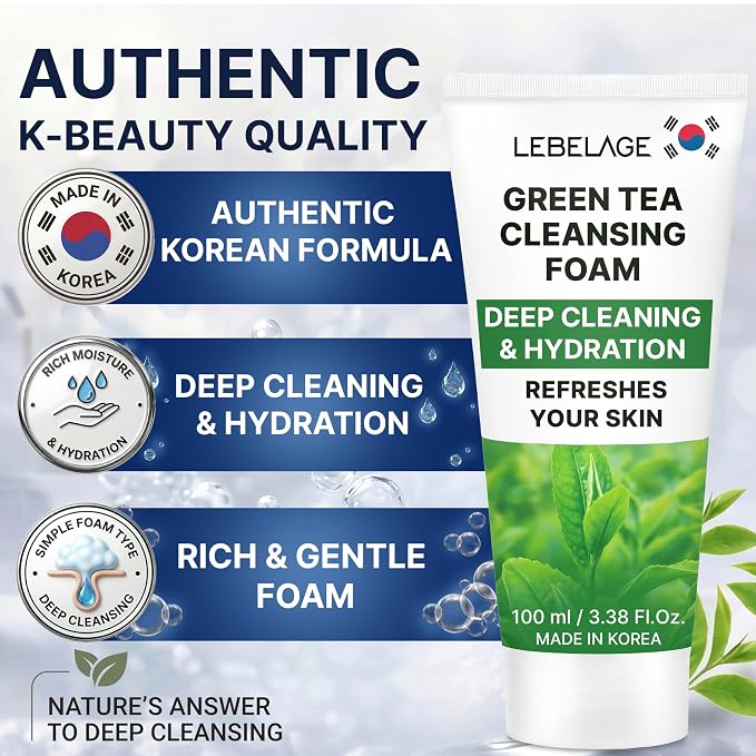 LEBELAGE Korean Green Tea Facial Cleanser 3.38 oz | Cleansing Foam Face Wash | Low pH Gentle Hydrating Daily Facial Cleanser Sensitive Skin | Deep Cleansing Foaming Cleanser, Pore Care-All Skin Types