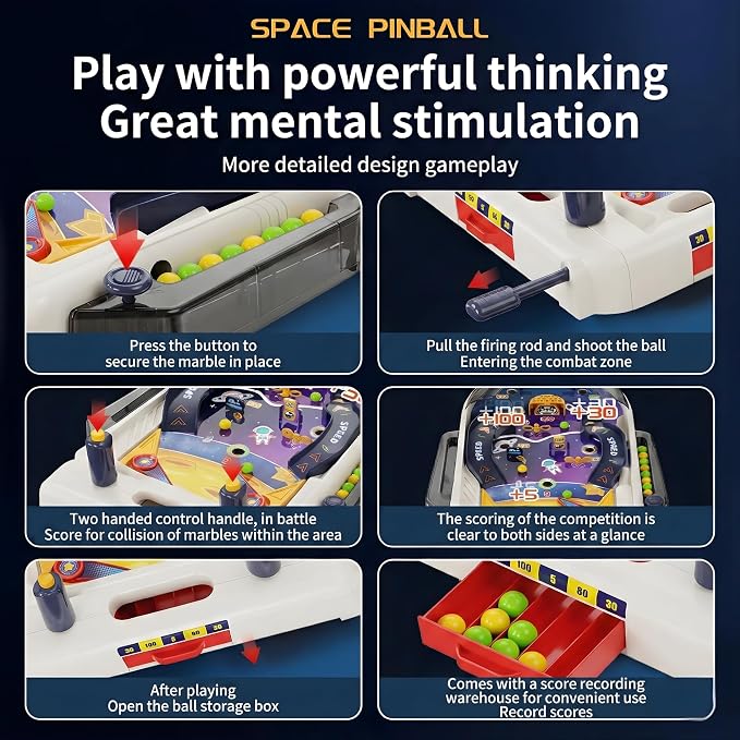 Tabletop Pinball Machine — Space Board Game with Obstacles, Pull-Rod Launcher, Two-Hand Controls, Ball Storage Tray, 1-2 Player Arcade Games for Kids Ages 3+