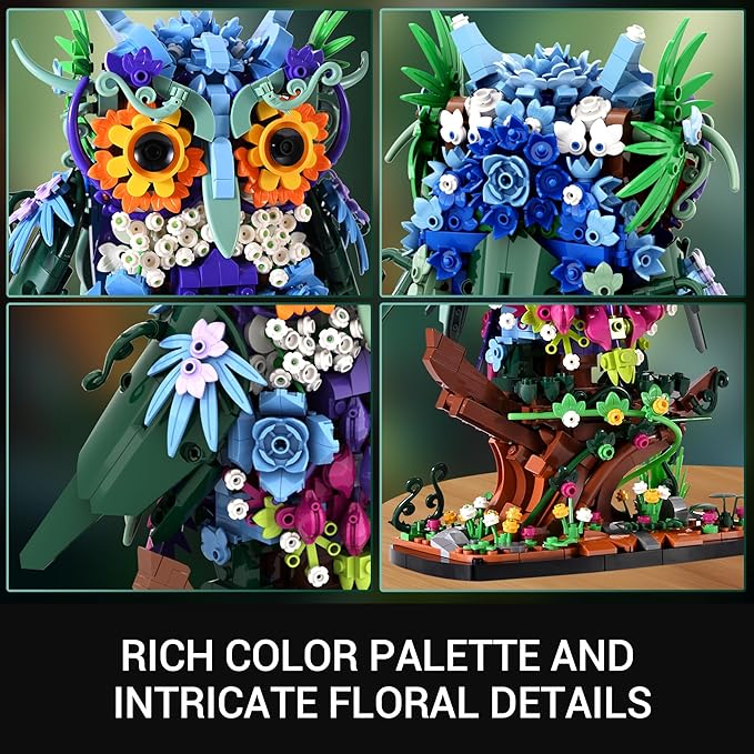 Sillbird Flower Owl Building Sets for Adults Halloween Creative Gift Ideas for Women Men Mom Her, Home Decor Display or Table Centerpieces - Buildable Floral Animals Botanical Model Collection