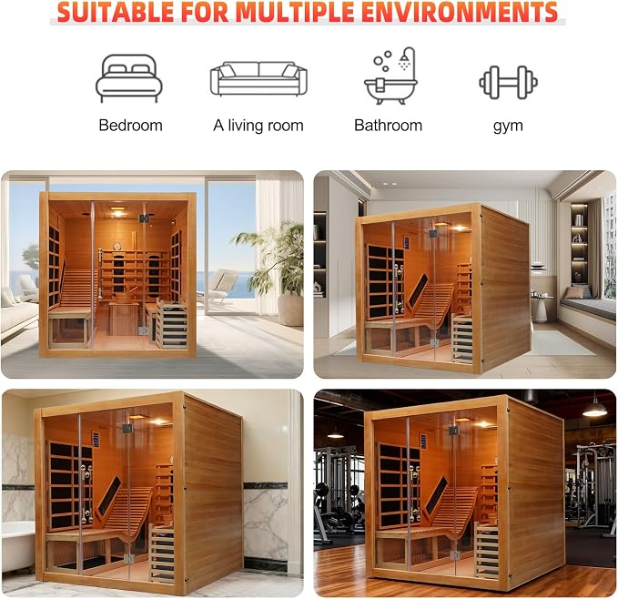 Infrared & Steam Dual-System Sauna Room, 2-3 Person Canadian Hemlock Wood Sauna with Recliner, Indoor Traditional Hybrid Home Saunas Spa with 9 Heaters & 6KW Sauna Stove, Oxygen Bar