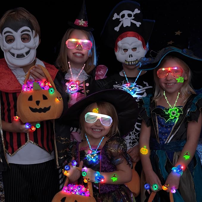 88 Pcs Halloween Party Favors, Halloween Toys Gifts for Kids, LED Rotating Necklaces Light Up Glasses Bracelets Led Rings Glow In The Dark Temporary Tattoos for Halloween Party Decorations Supplies
