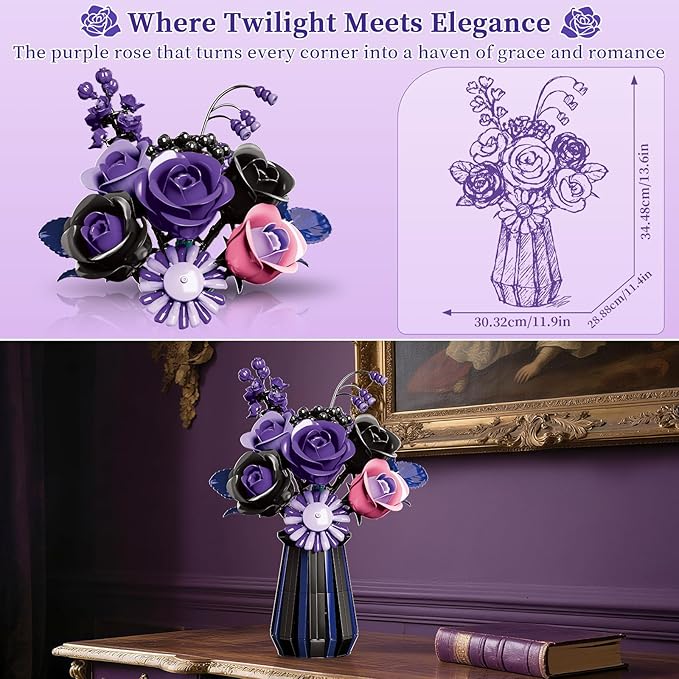 Halloween Purple Black Roses Flowers Bouquet Building Set, Botanical Collection Blocks Artificial Flowers Plant for Adults Women Girlfriend - Gifts for Valentines Birthday Christmas- Gothic Home Decor