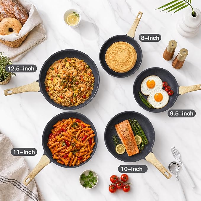 GiPP Nonstick Frying Pan Skillet with Lid - 9.5" Grey Granite Non Stick Pans, Omelette Pan with Heat-Resistant Handle, Compatible with All Stovetops, PFOA Free