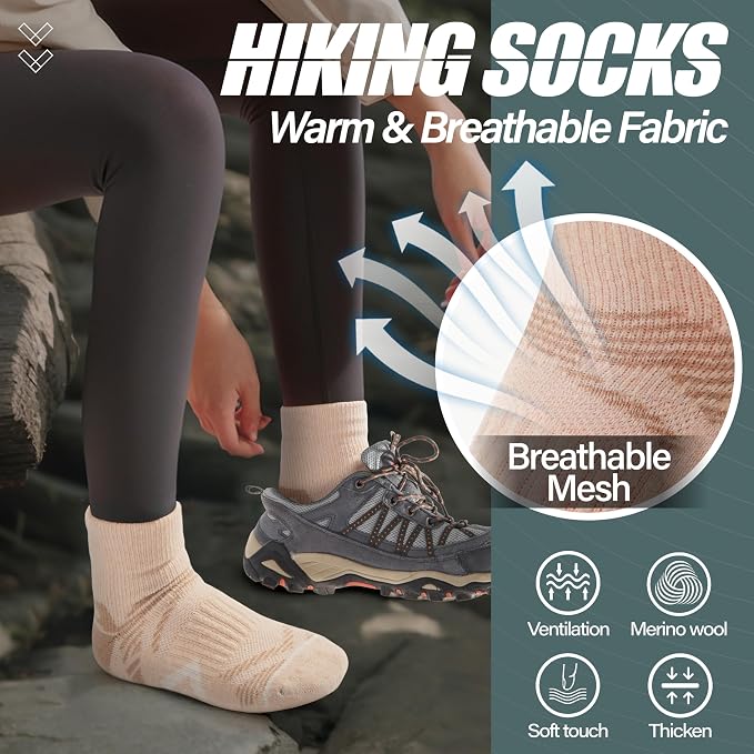 ANTSANG 6 Pairs Merino Wool Quarter Ankle Hiking Running Socks Compression Thermal Thick Cushion Socks for Women Men