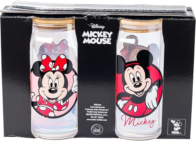 Silver Buffalo Disney Mickey and Friends Featuring Minnie 2 Pack Glass Jar Tumbler with Bamboo Lid and Glass Straw, 16 Ounces