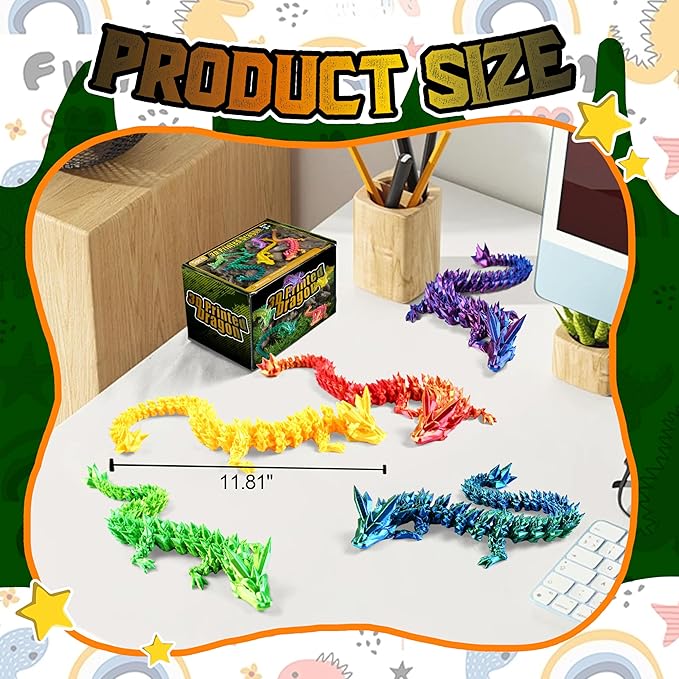 5PCS 12" 3D Printed Dragon Set Articulated Crystal Dragons Dragon Desk Toys, 3D Printed Animals Cool Unique Birthday Gifts for Teen Adult Novelty Christmas Stocking Stuffers Gadget for Men Boy