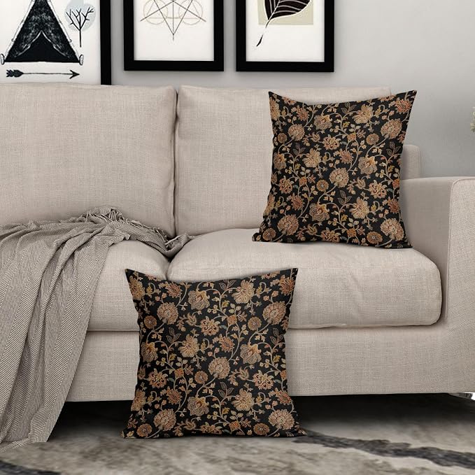Black Brown Floral Pillow Covers 24X24 Inch Set of 2 Vintage Boho Carpet Flowers Decorative Pillow Cases Leaves Plant Cotton Linen Cushion Case Farmhouse Home Decor for Sofa Couch Living Room