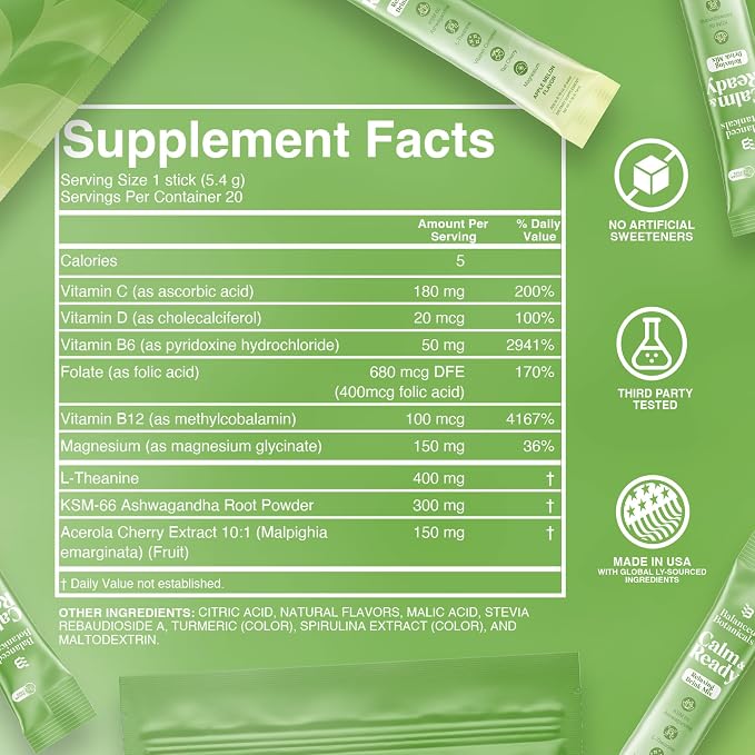Calm and Ready Powder Mix, Cortisol Reducer*, Sleep & Relaxation Aid, Magnesium Glycinate, Ashwagandha KSM-66, L-Theanine, Tart Cherry, Sugar Free, 20 Packets, Apple Melon