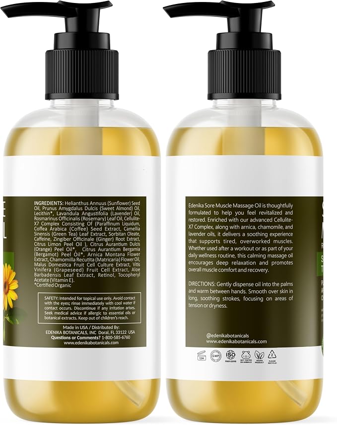 Edenika Botanicals Maximum Strength Sore Muscle Massage Oil for Massage Therapy with Pure Arnica, Deep Muscle Tension Relief & Joint Comfort Rub, Enhancing Circulation & Warming, 2-Pack