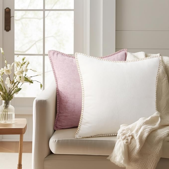 decorUhome Soft Chenille Throw Pillow Covers 18x18 Set of 2 Cream White | Fall Textured Decorative Throw Pillow Cases Stitched Edge Modern Farmhouse Luxury Boho Velvet for Couch Sofa Bed Home Decor