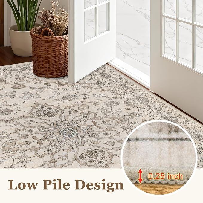 Round Area Rug for Living Room: 8 ft Washable Vintage Boho Soft Thin Circle Rug Indoor Floor No Slip Stain Resistant Carpet for Bedroom Dining Room Farmhouse Nursery Home Office -Brown Beige