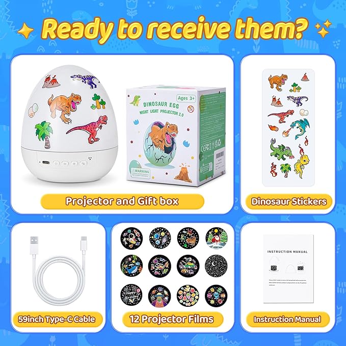 Dinosaur Toys for Kids 3-5 | 15 Sleeping Sounds+12HD Films+7 Colors+360ยฐRotating | Easter Dinosaur Egg Light Dinosaurs Primal Hatch Boy Toys for Boys Star Projector Sound Machine Egg Light for Nursery
