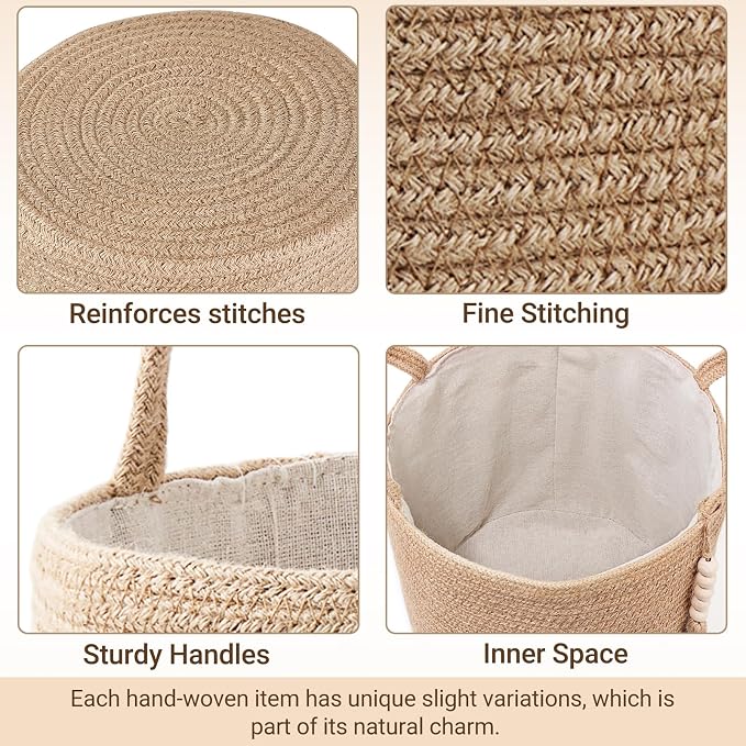 Mkono Woven Storage Basket for Blanket, Toys Plant Organizer, 15"W x 17.7"L | Brown, Jute, Decorative Basket with Handle, Wood Beads Tassel, Shoes Towel Clothes Storage Bin, Living Room Bedroom Nursery