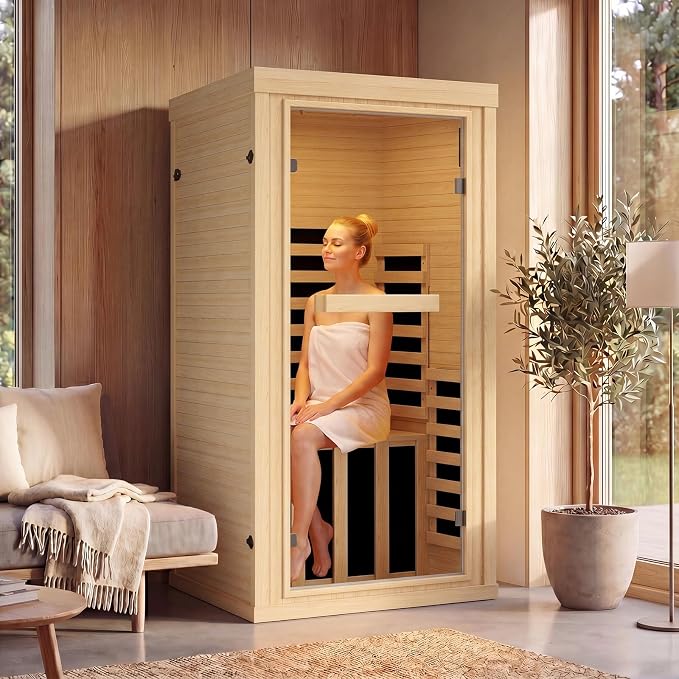 1 Person Infrared Dry Sauna, Canadian Hemlock Wood Indoor Home Spa Sauna Room, Integrated Speakers, Tempered Glass Door & Control Panel, 149℉ Maximum Heating, Size 32.3" x 32.3" x 61.6"