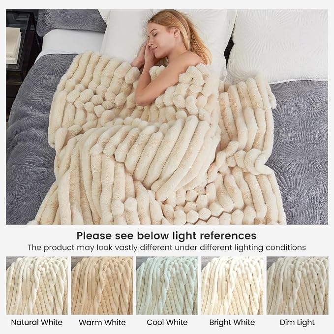 Cozy Bliss Faux Fur Throw Blanket for Couch, Cozy Warm Plush Striped Blanket for Sofa Bedroom Living Room, 90 * 90 Inches Beige